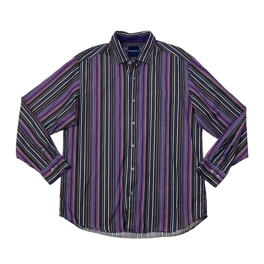 Tommy Bahama Shirt Mens L Large Cotton Striped Collared Button Up Pocket Dress